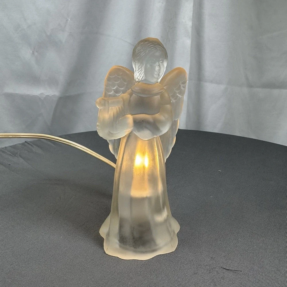 Clear‎ Frosted Glass 6 inch Lighted Angel Playing Harp Figurine Nightlight